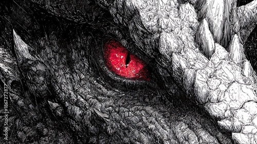 Extreme Close-up of a Dragon's Red Eye and Scaly Face image photo
