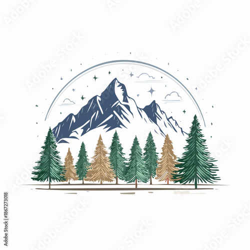 Scenic Mountain Landscape with Evergreen Trees in Vintage Style Illustration design