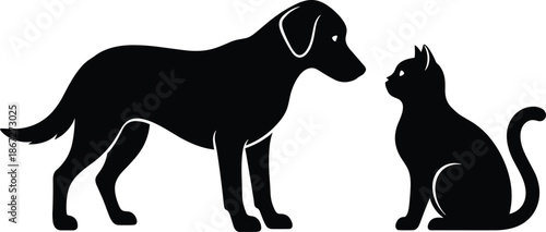 Silhouette of dog and cat facing each other, black and white pet illustration, domestic animal contrast, transparent background, minimal graphic style