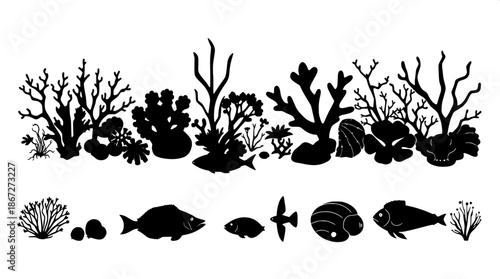Marine fauna and flora silhouette bundle in a black flat vector illustration style with precise lines and minimal details, set against a clean and crisp white background that provides high contrast to