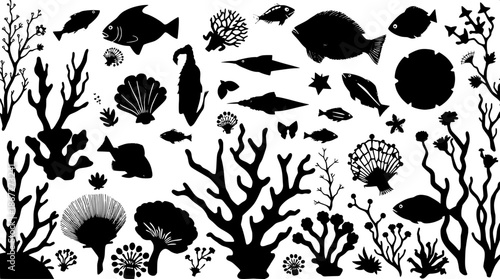 Marine fauna and flora silhouette bundle in a black flat vector illustration style with precise lines and minimal details, set against a clean and crisp white background that provides high contrast to