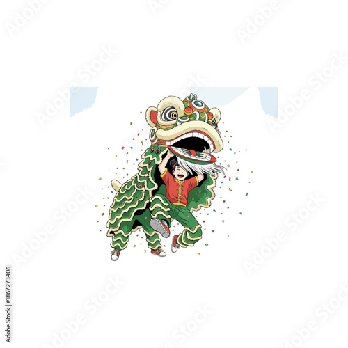 Vibrant Chinese Lion Dance Performance with Confetti.