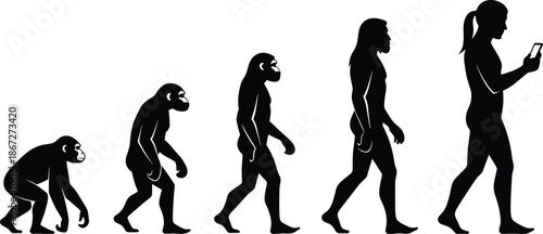 Stylized human evolution illustration from primate to smartphone user, modern behavior concept, black silhouette graphic, transparent background, technology commentary design