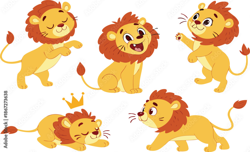 Fototapeta premium Set of funny cartoon animal characters including a cute lion, bear, dog, and cat vector illustration icons for a fun baby zoo safari design
