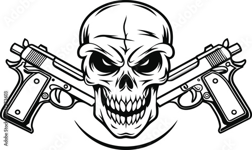 Vector illustration of a pirate skull and crossbones with a gun featuring a scary black grunge human skeleton head tattoo symbol for dead horror and evil danger art