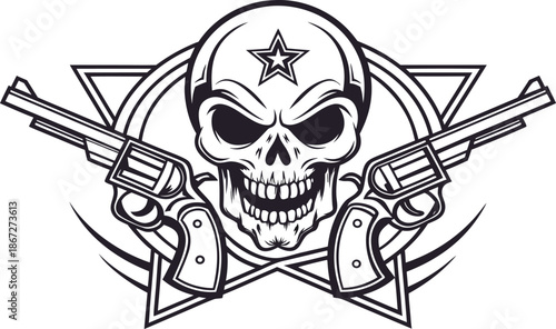 A vintage gothic tattoo design featuring a pirate skull and crossbones with a sword, creating a scary black vector illustration of a dead human skeleton head as a grunge death symbol for Halloween