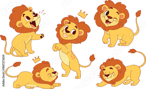 A cute vector collection of funny cartoon animals featuring a baby bear, lion, cat, and tiger as a wild zoo character set for a fun child art illustration