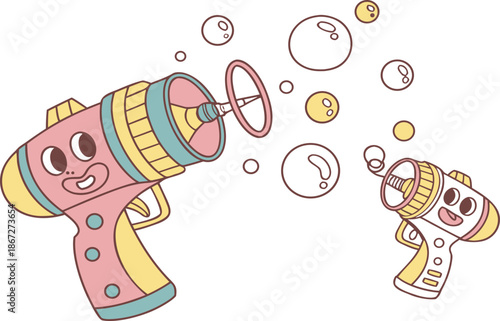 Vector illustration of a funny boy playing with a toy guitar and a bear icon while a man stands nearby in a colorful child design