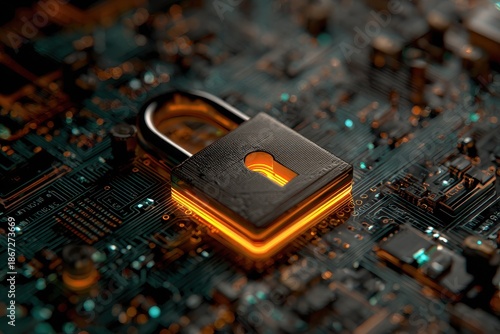 Glowing digital padlock on circuit board, symbolizing data protection and cybersecurity