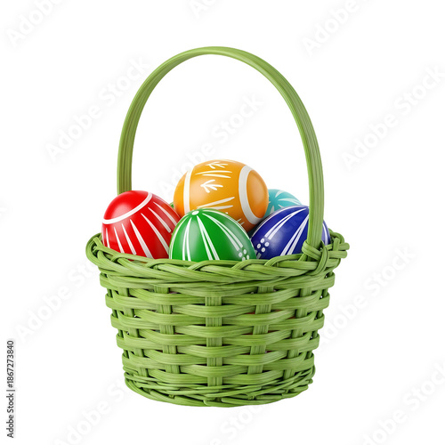 Vibrant Easter eggs in a green wicker basket, festive holiday celebration.