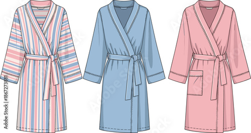 Three bathrobe designs with belt and long sleeves, striped, blue, and pink styles, fashion illustration, garment variety, transparent background, clothing concept