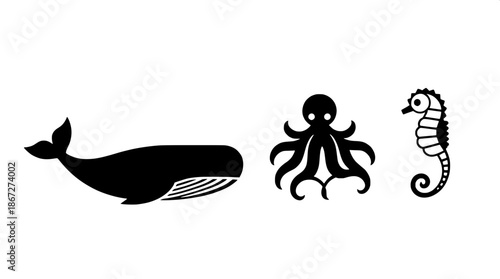 Sea life pictogram set featuring a whale, octopus, stingray, and seahorse, depicted as black solid silhouettes with clean lines and a vector style, set against a neutral background, with each icon car