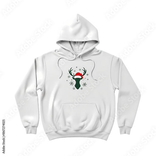 White hoodie with minimalist green deer head in Santa hat and snowflakes.