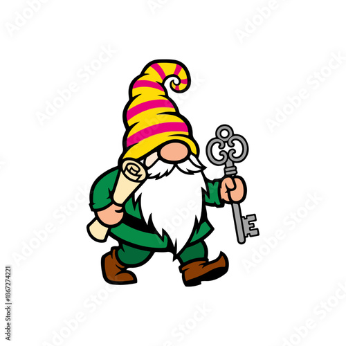 Gnome with Key and Scroll Illustration.