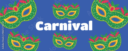 Festival banner for Brazilian Carnival with feathered carnival masks