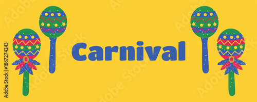 Festival banner for Brazilian Carnival with feathered maracas