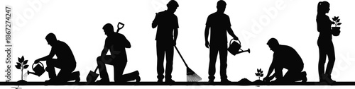 Black silhouette of diverse gardeners planting, watering, and raking plants, isolated on white background for community garden and landscaping design.