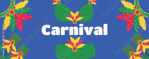 Festival banner for Brazilian Carnival with full feather costumes including outfit shoes and headdress