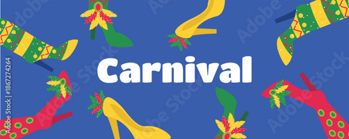 Festival banner for Brazilian Carnival with carnival shoes and feather costume elements