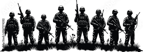 Black silhouette of a squad of soldiers standing in a line in a field, carrying rifles and military tactical gear.