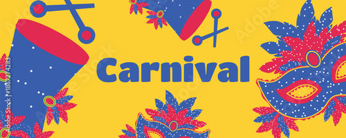 Festival banner for Brazilian Carnival with feathered masks and drums