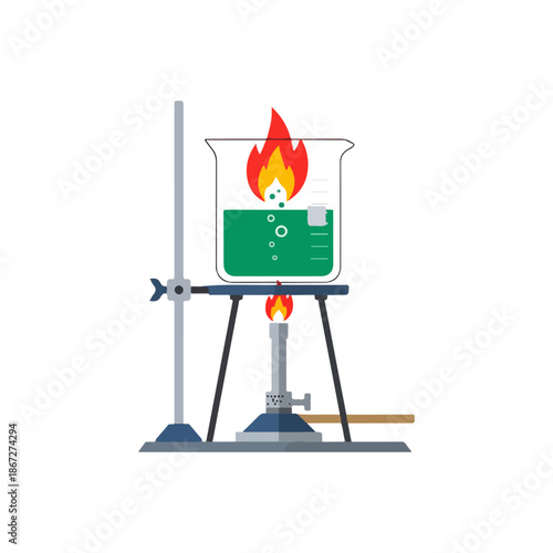 Laboratory Equipment with Bunsen Burner and Flask.
