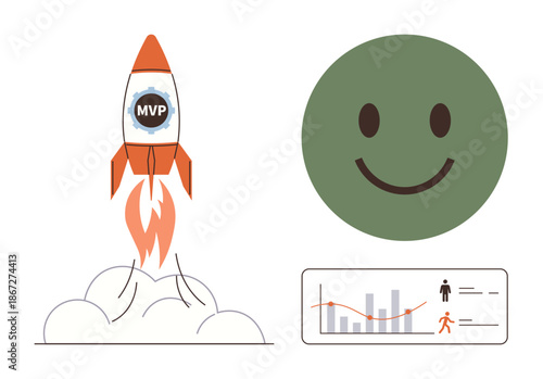 Business startup, motivation, growth strategies, performance tracking, entrepreneurship, positive mindset. Rocket launching with MVP logo, happy face and analytics chart. Business startup and growth