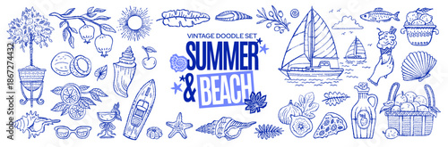 Summer beach. Mediterranean vacation set. Doodle summer sea beach icons from Italy, Greece or France. Mediterranean sea food illustration. Coastal Italian Amalfi lemon, boat, palm leaf, sun, yacht bg