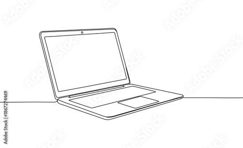 Simple line art drawing of an open laptop with clean black lines on a bright composition