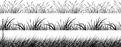 Black silhouette collection of wild field flowers, herbal meadow plants, and tall grass stems isolated on white background for design.