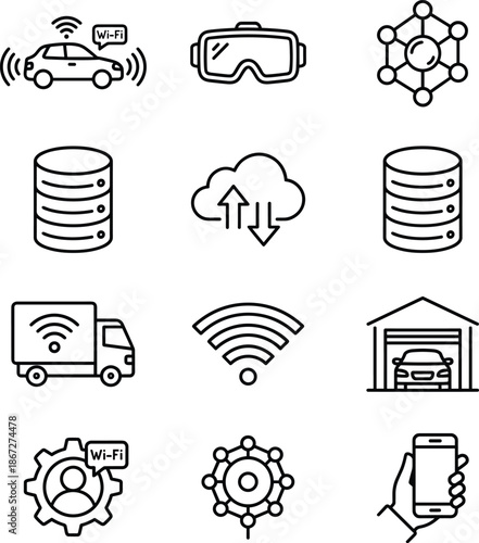 Technology and connectivity icons set, smart devices, cloud computing, wireless internet, mobile apps, data network, logistics