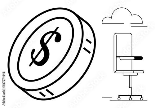 Finance, employment, workplace productivity, wealth generation, career growth, office management. A coin with a dollar sign and an office chair. Financial success and employment concepts