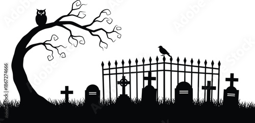 Spooky Halloween cemetery silhouette with creepy dead tree owl and crow, gothic graveyard tombstones and iron fence isolated on white, background.