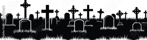 Black silhouette of military soldier squad standing in cemetery with crosses, army infantry graveyard tribute, war veteran memorial vector illustration.
