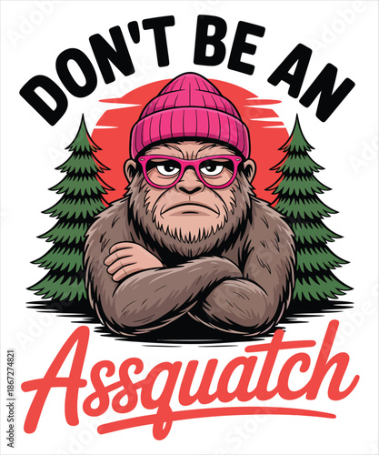 Funny Hipster Bigfoot Glasses Beanie Forest Illustration T-shirt Design