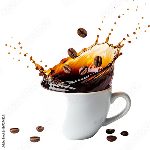 Dynamic coffee splash with flying beans from a white cup, isolated on white.