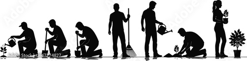 Black silhouette of people gardening and planting trees, group of gardeners with tools working in garden isolated on white background.