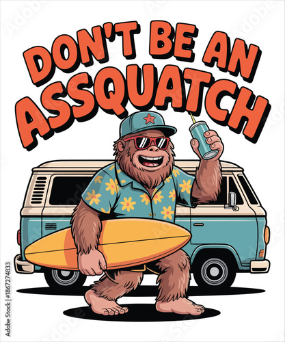 Funny Bigfoot Surfer Van Summer Beach Illustration T-shirt Design
