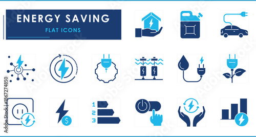A set of flat icons related to Energy Saving. Save, green energy, plug, power, gear, hydro power, gasoline, and so on.