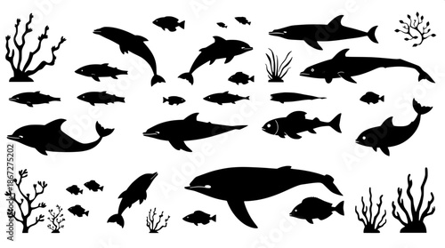Ocean wildlife silhouette symbols in flat black vector icons, featuring a variety of underwater animals such as dolphins, whales, and fish, alongside coral shapes and seaweed, all set against a neutra