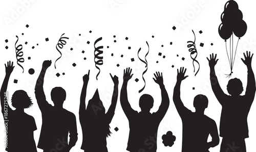 Silhouettes of people celebrating with balloons and confetti