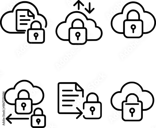 Secure cloud file sharing encryption vector icon set