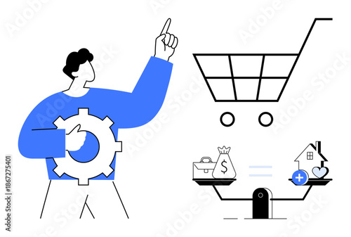 E-commerce concept. E-commerce ed by shopping cart, gear settings, and scale weighing money, home, and health elements. E-commerce processes and digital commerce . Suitable for business strategy