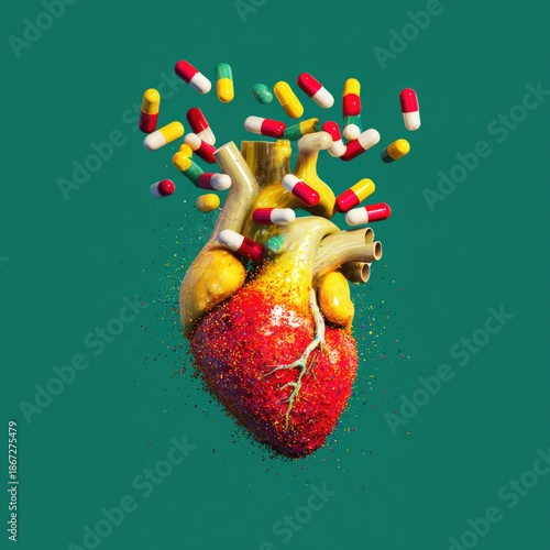 Anatomical Human Heart Exploding With Capsules, Drug Overdose and Medical Impact Concept