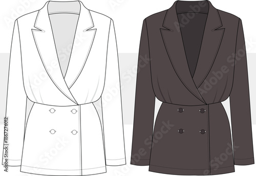 Double Breasted Long Sleeve Blazer Dress Fashion Design, Illustration. Skirt shirt suit flat sketch vector. Front view, Cad, Mockup.