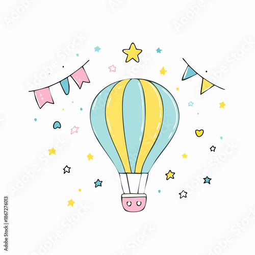 Whimsical hot air balloon illustration with celebratory flags and stars isolated