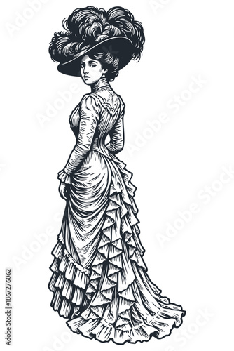 Elegant lady in a vintage dress and a large hat with feathers. Belle Époque or Victorian era fashion. Hand-drawn vector illustration in an engraving style.