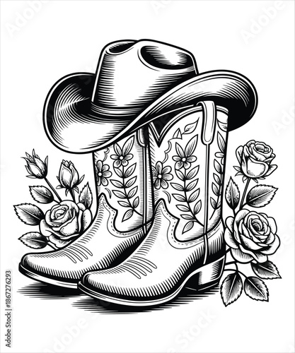 Western Cowboy Boots Hat Floral Roses Country Vintage T-shirt Design Illustration