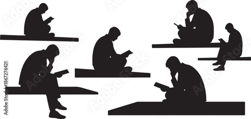 Silhouettes of people reading in different positions