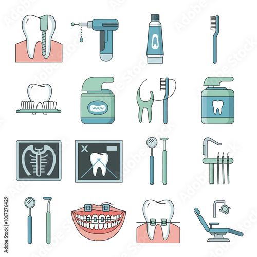 Dental Care Icons Set: Tooth Implant, Drill, X-ray, Braces, Tools - Vector Illustration
